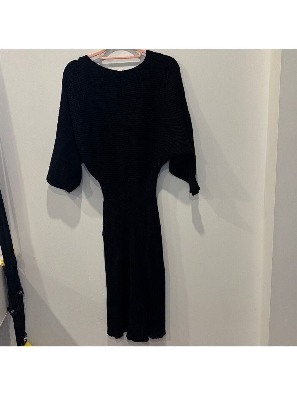 Anthropologie Black Ribbed Knit Sweater Midi Dress Flutter Sleeve Small NWT 0598 - Picture 7 of 10